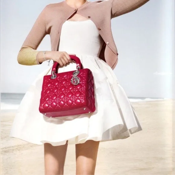 ❤️Dior Red Patent Quilted Lady Dior Satchel with Silver Hardware - Picture 3 of 17